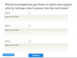 [Image including text description.] The image is an example of a form that has to be filled in for the investigation. The text reads " Which Investigations (put them in order) and explain why by writing a short answer into the text boxes?" The image then shows three drop down boxes and three open text boxes for students to respond withther information about the guidance.